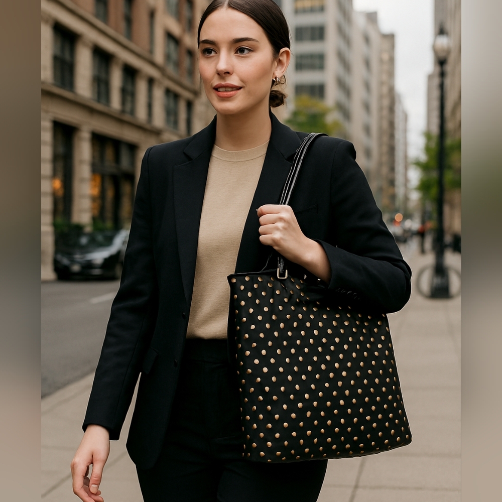 Kate Spade Tote Shoulder Bag Black With Cream Polka Dots 14x13x4.5" Free KS Mug